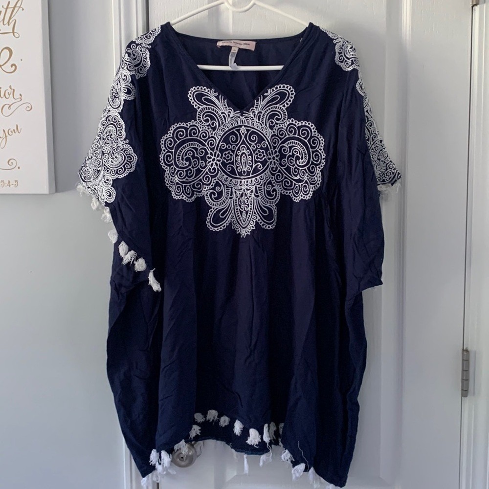 Nanette Lepore swim cover up‎ size XS navy white embroidered bohemian Tassels
